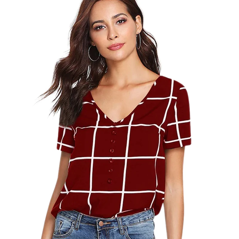 

Women T-shirt Summer Casual Plaid Short Sleeve T Shirt Women Sexy V Neck Tshirt 2019 New Fashion Women Tops