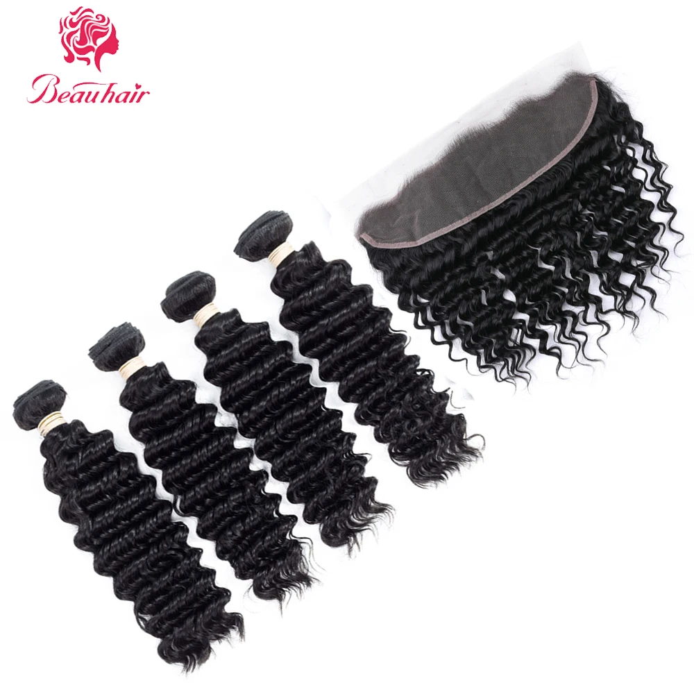 Beauhair Peruvian Deep Wave 4 Bundles With closure Human Hair Bundles With Closure Non-Remy Lace Frontal Closure With Bundles