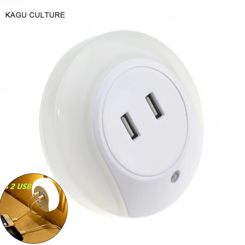 LED night light sensor Socket automatic warm white light Home Wall Adapter EU US Plug 2 USB 5V