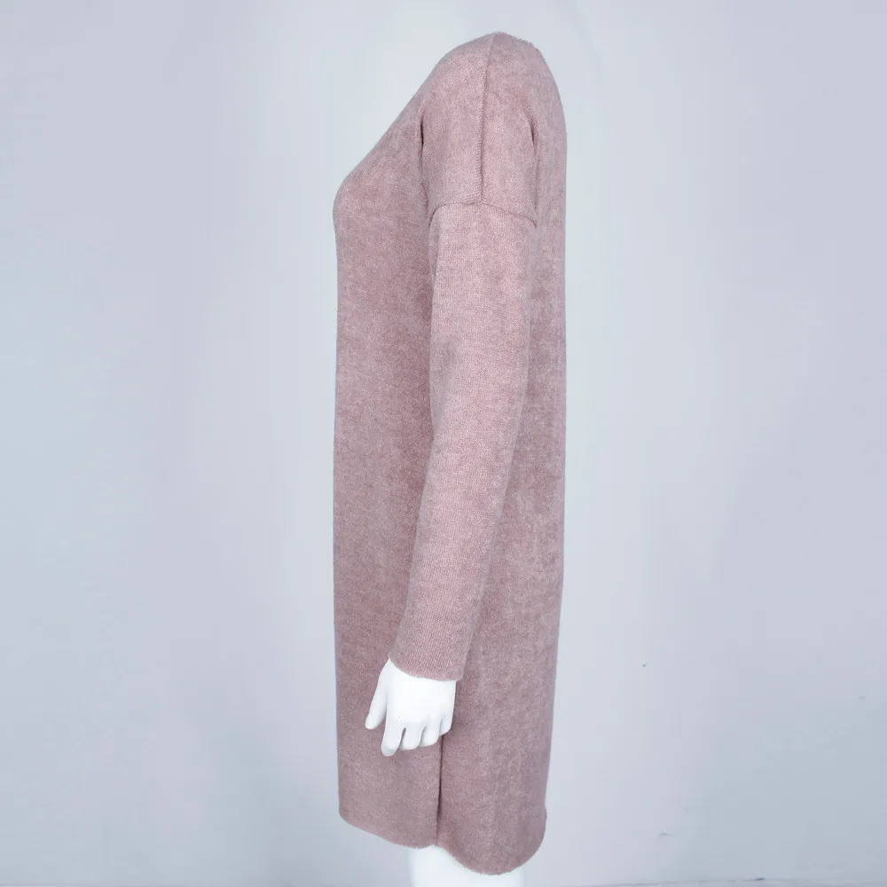 Feitong Женская мода Однотонный свитер с круглым вырезом Повседневное платье пуловер с длинным рукавом для женщин зима размера плюс прямые платья с круглым вырезом