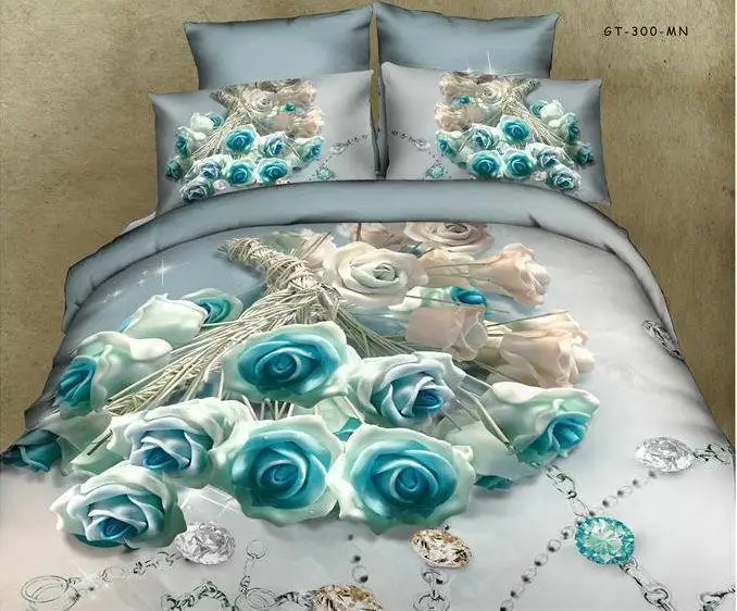 3d Blue Rose Floral 100 Cotton Bedding Set For Queen Size Duvet