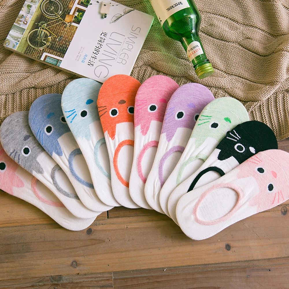 Милые Носки с рисунком кота в стиле Харадзюку женские летние корейские забавные короткие носки с изображением животных Носки ярких цветов Прямая поставка