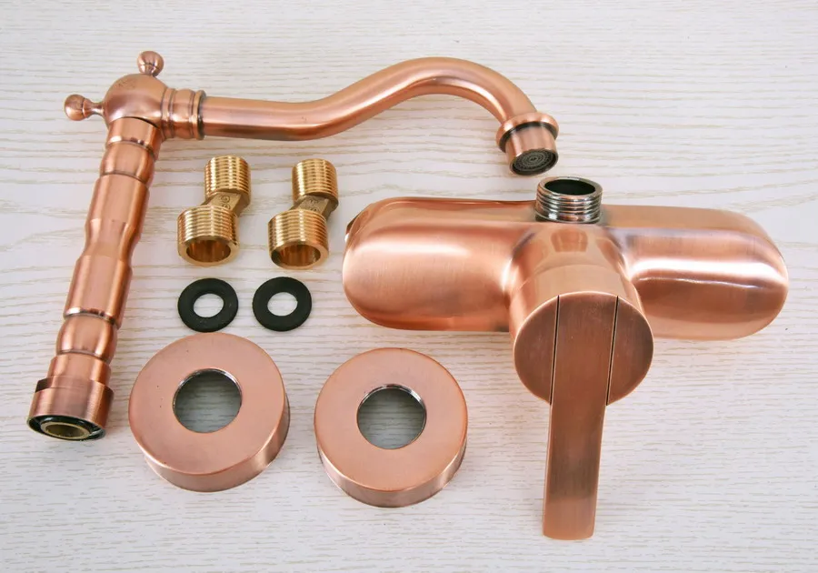 Antique Red Copper Brass Wall Mounted Bathroom Kitchen Sink Faucet Swivel Spout Mixer Tap Single Handle Lever anf936