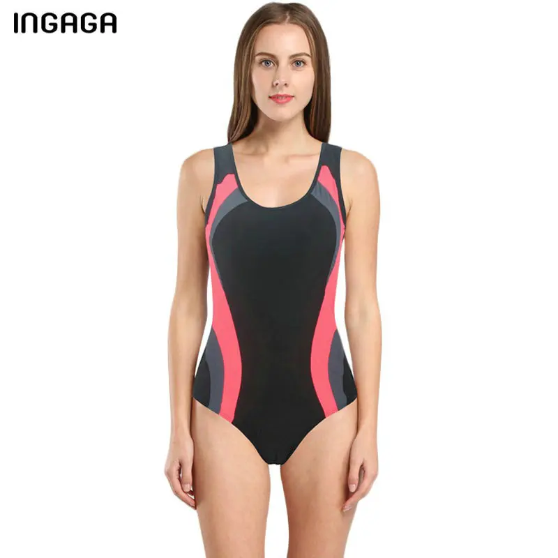 INGAGA Sports One Piece Swimsuit Patchwork Swimsuit Female U-back Swimwear Women Swimming Class Bathing Suits New 2019