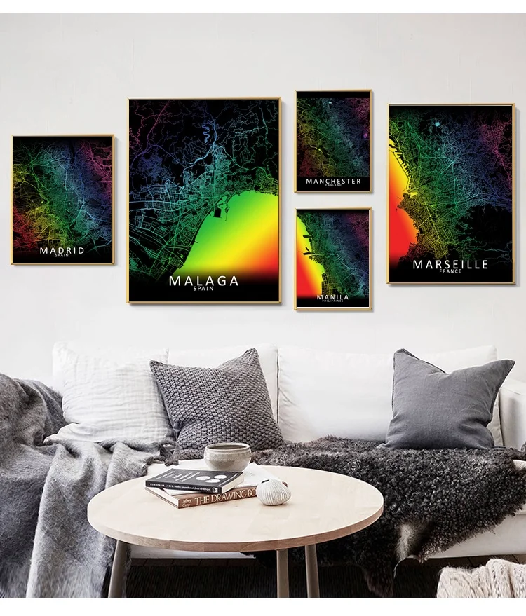 

Madrid Malaga Manchester Manila Memphis Marseille Memphis Rainbow City Map Art Canvas Poster Prints Home Wall Decor