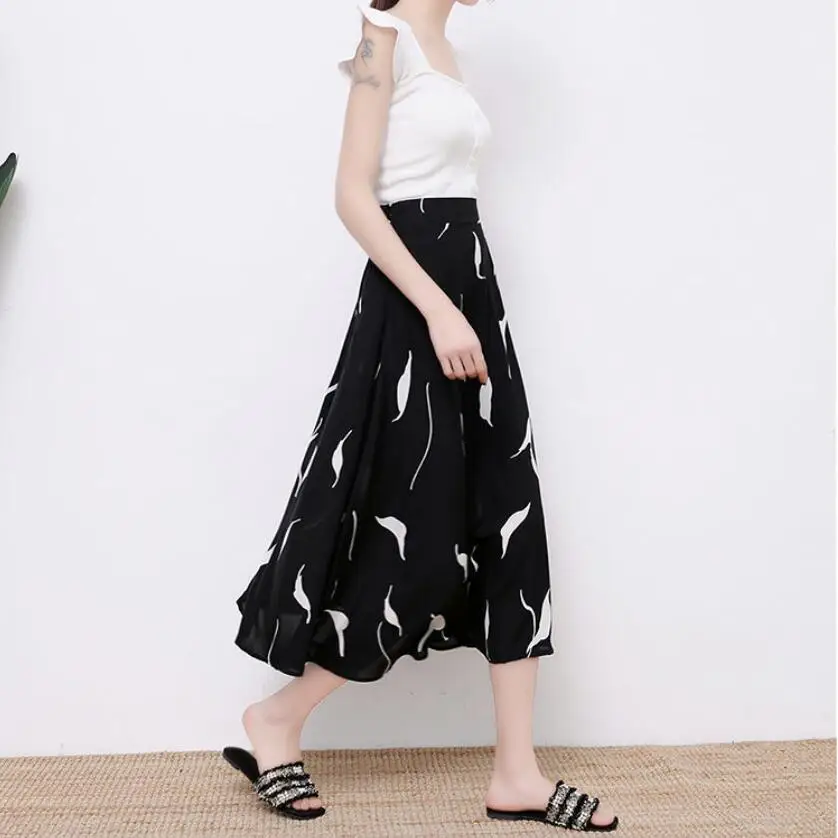 4 Color Summer New Elastic High Waist Slim Chiffon Printed Skirt Women's A-Line Mid-Calf Faldas Skirts One Size for S-XL Green