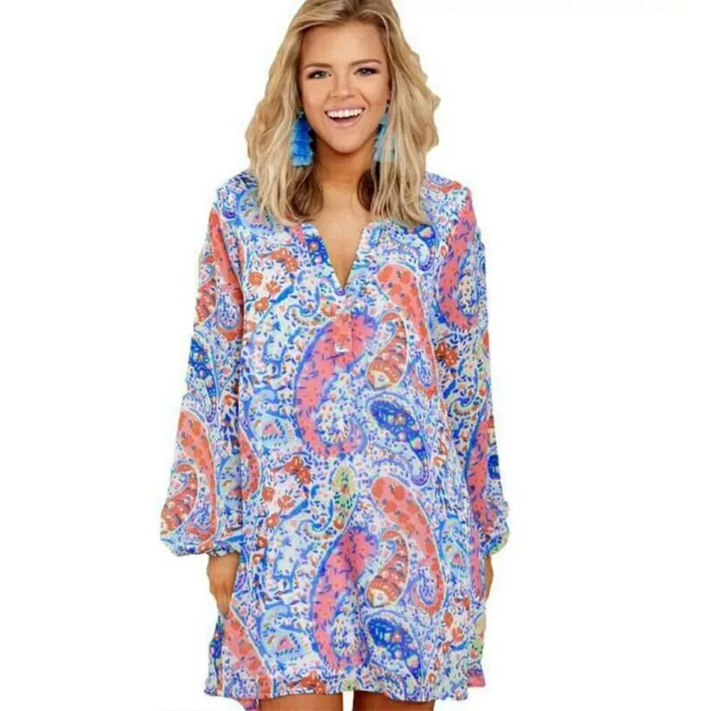 

PUSEKY 2019 Summer Boho Print Short Women Dress Evening Party Beach Dresses Sundress Long Sleeve Loose Dress Fashion Wear