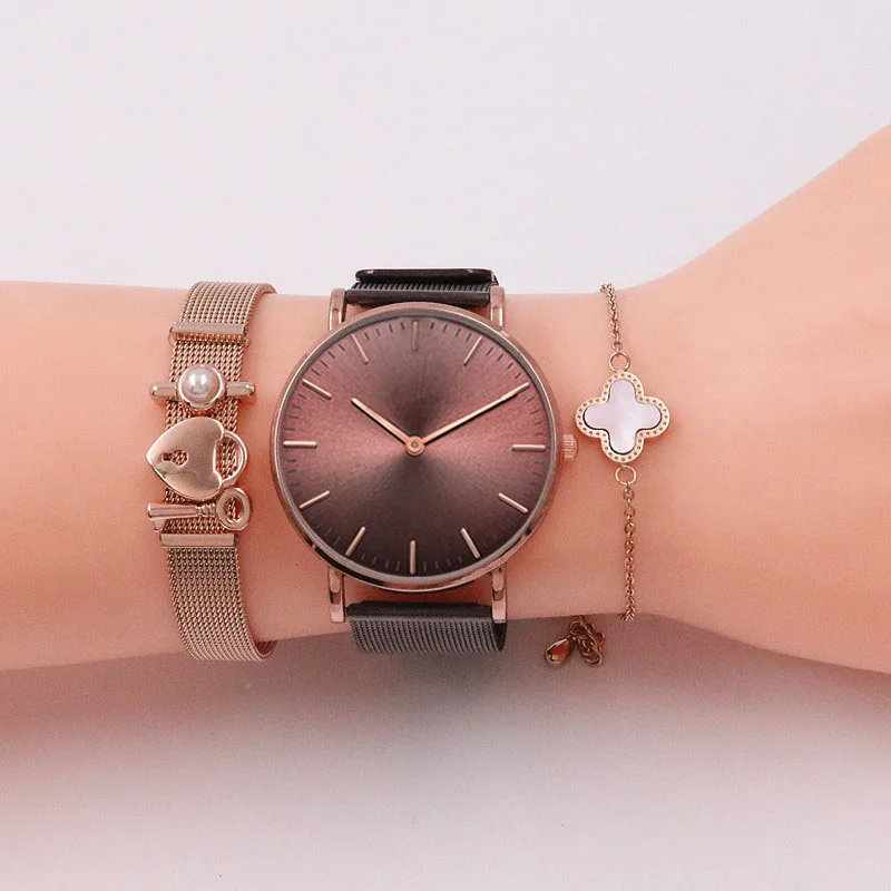 

Mavis Hare Coffee Wristwatch Bracelet Set with Coffee dial watches Stianless Steel Mesh Bracelet & Clover Link Bracelet as Gift