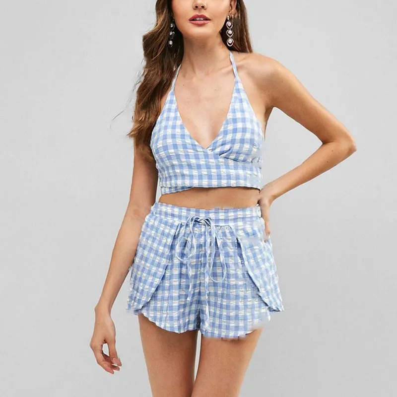 

Women Summer High Waist Swimsuit Set Sexy Sweet Plaid Print Simple Halter Cross Strap Bandage Split Bikini Swimwear
