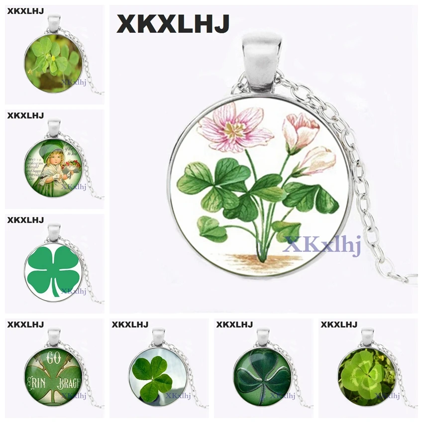 

XKXLHJ 2018 Glass Necklace Shamrock 4 Leaves Clover Necklace Lucky Pendant Jewelry Girls Glass Cabochon Necklace
