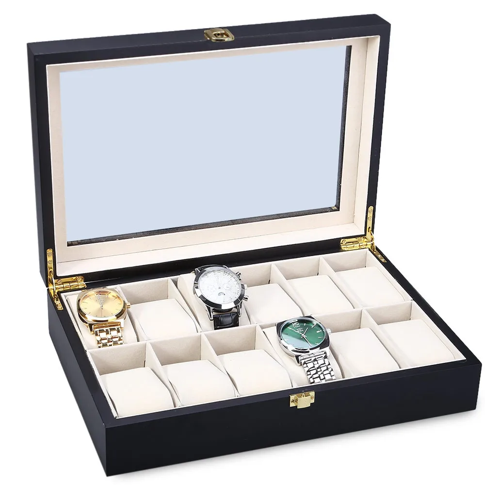 High Quality 12 Slots Elegant Wood Watch Display Case Watches Box Glass Top Jewelry Storage Organizer caixa para relogio 0