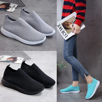 

2019 Flyknit Sneakers Women Breathable Slip on Flat Shoes Soft Bottom White Sneakers Casual Women Flats Krasovki Platform Shoes