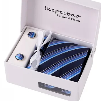 

Korean Version Striped Pattern Necktie Sapphire Blue Neckwear Handkerchief Cuff links Polyester Tie Clips Sets with Gift Box