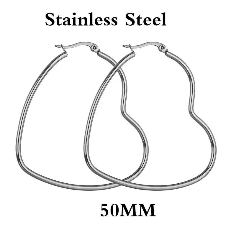 Простые серьги в форме сердца из нержавеющей стали, серебряные серьги, женские аксессуары в стиле панк - Окраска металла: silver 50mm