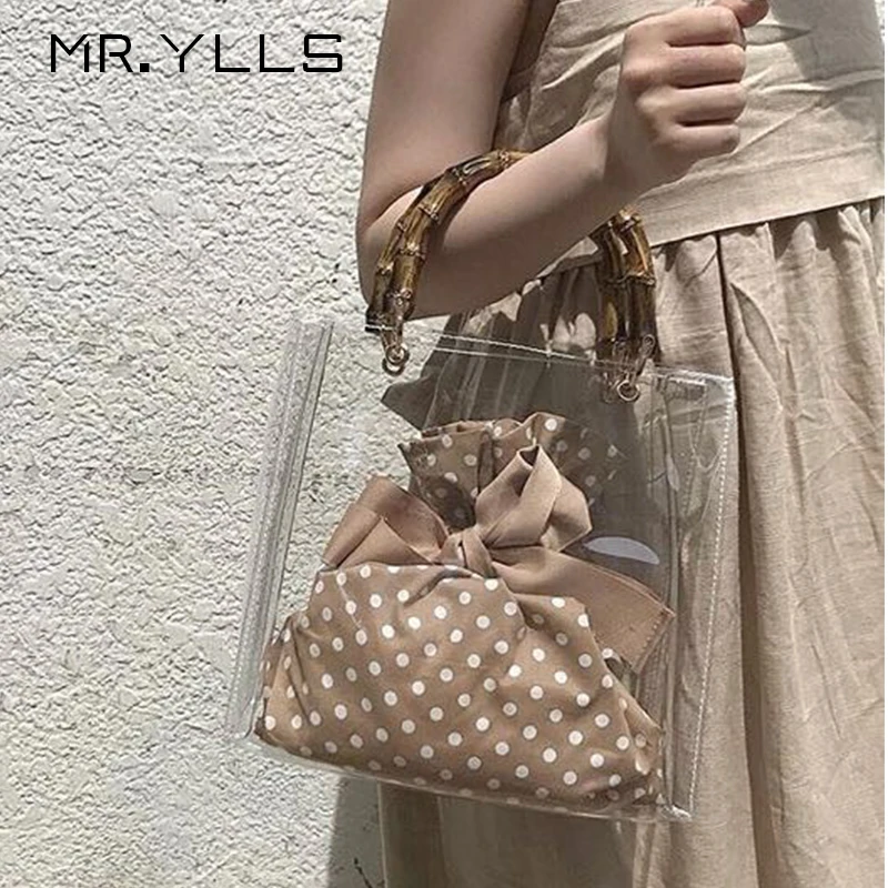 

Retro Bamboo Wrist Transparent Bag Women Handbags Fashion Pvc Clear Jelly Bags Lady Bowknot Jelly Handbags Chic Messenger Bags