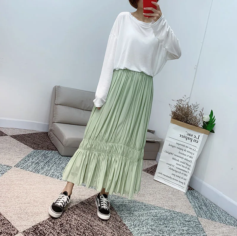 Летнее Новое поступление Корейская Высокая талия Сплошные длинные юбки для женщин тонкая большая маятниковая модная плиссированная юбка со складками