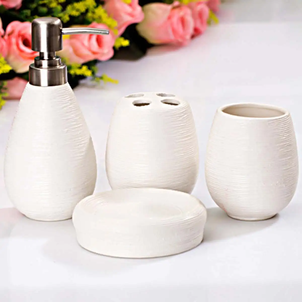 

4Pcs/Set Ceramic Textural Bathroom Accessory Retro Lotion Dispenser Toothbrush Holder Cup Soap Dish Modern Toilet Home Decor