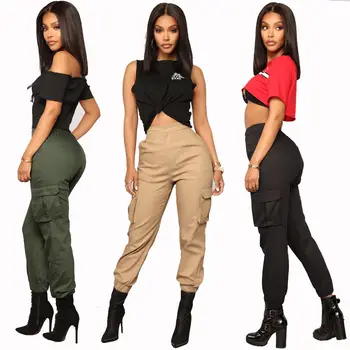 

Women Stretch Pencil Pants High Waist Pockets Cargo Pant Skinny Jeggings Jeans Casual Slim Trousers