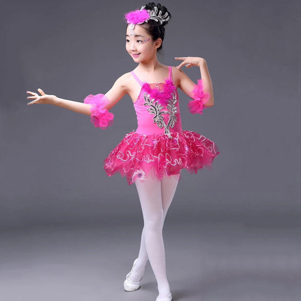 Новое платье для девочек детское бальное платье кружевное трико из балета "Лебединое озеро" костюмы профессиональная балетная юбка-пачка; Одежда для танцев с блестками платье с перьями - Цвет: Rose
