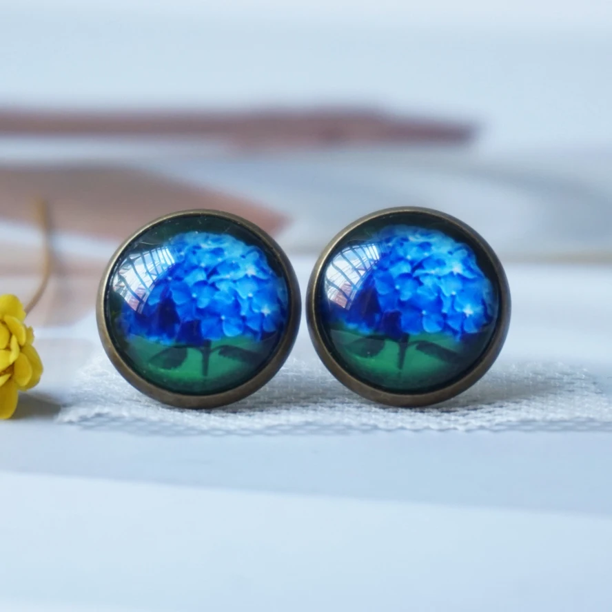 Glass earring Blue flowers woman lady Fashion Hydrangea Earing 12mm