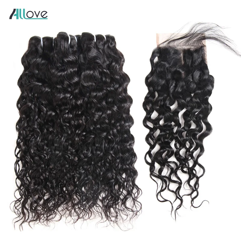 

Allove Brazilian Water Wave Bundles With Closure 4PCS/LOT Human Hair Bundles With Closure 4x4 Non Remy Hair Free Shipping