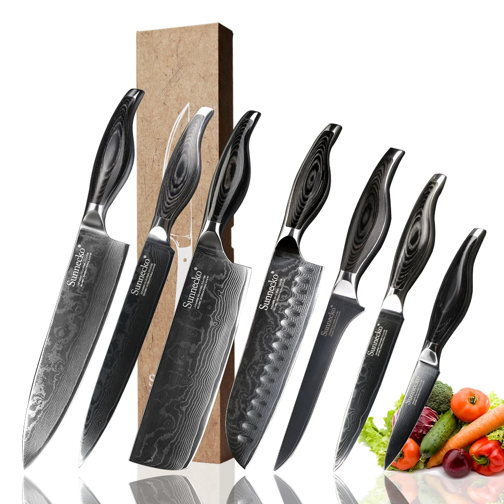 

SUNNECKO Damascus Chef Santoku Slicing Utility Paring Boning Knife Japanese VG10 Steel Blade Pakka Wood Handle Kitchen Knives