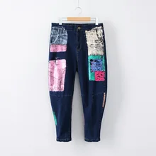 Размера плюс, повседневные джинсы, летняя женская одежда, модные свободные Стрейчевые стирающиеся джинсовые штаны-шаровары с блестками, T4-912