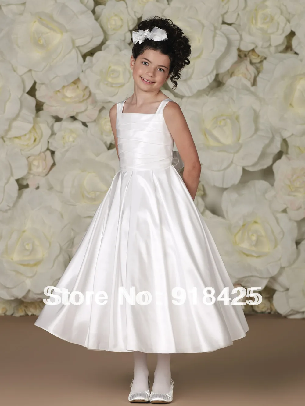 Free Shipping Straps A Line Satin White Flower Girl Dresses Cheap