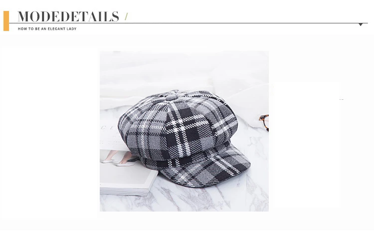 2018 New British Lattice Octagonal Fashion Hat Autumn And Winter Woolen Painter Hat Female Personality Wild Duck Tongue Hat ACB75 (2)