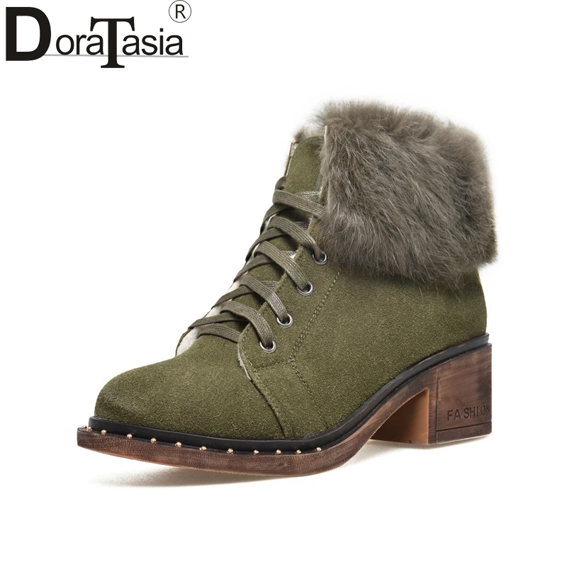 

DoraTasia 2018 Women Suede Leather Ankle Boots Warm Fur Shoes Woman Lace Up Chunky Heel Footwear Platform Snow Boots Big Size