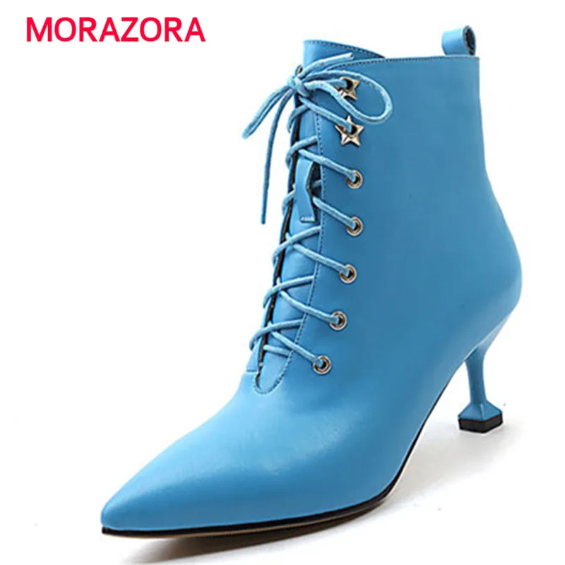 

MORAZORA 2018 new elegant pointed toe genuine leather boots fashion stiletto heel high heel ankle boots comfortable zipper boots