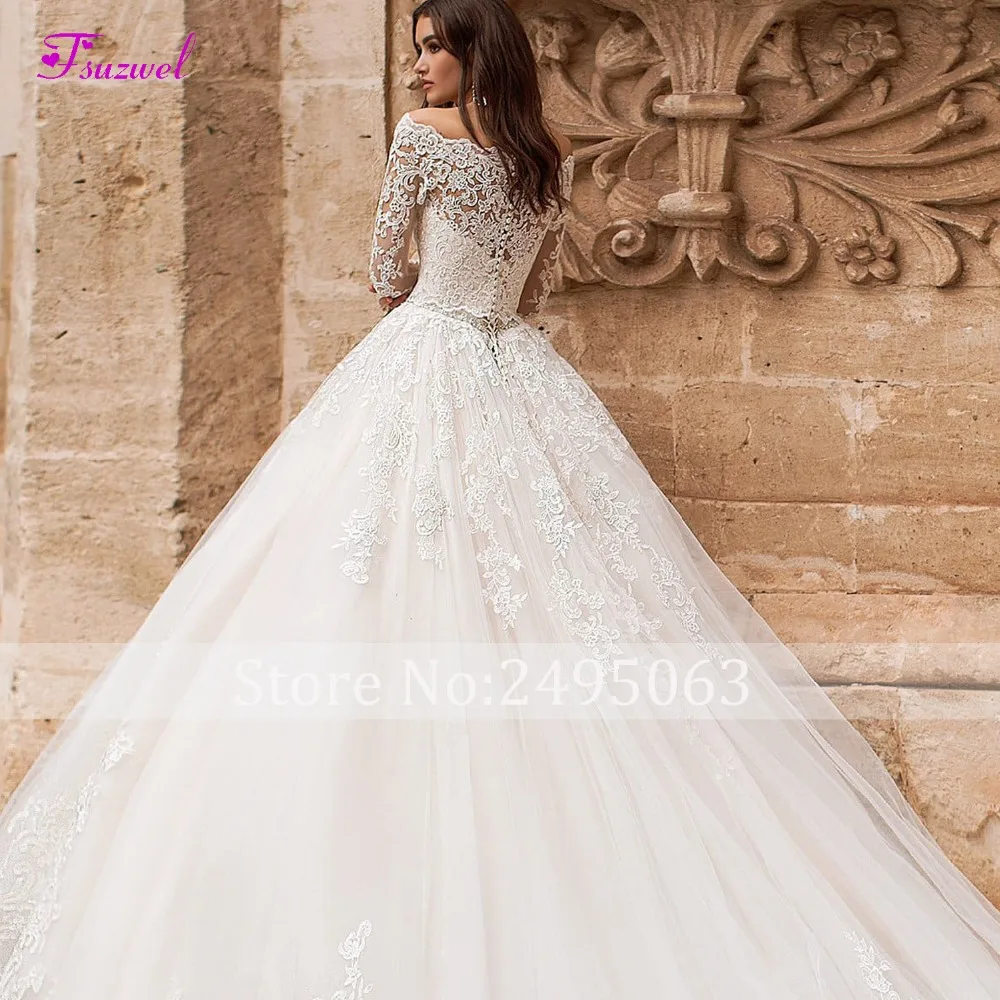 Fsuzwel вырез лодочкой длинный рукав аппликация ТРАПЕЦИЕВИДНОЕ свадебное платье Роскошные хрустальные пояса платье для невесты принцессы Vestido de Noiva