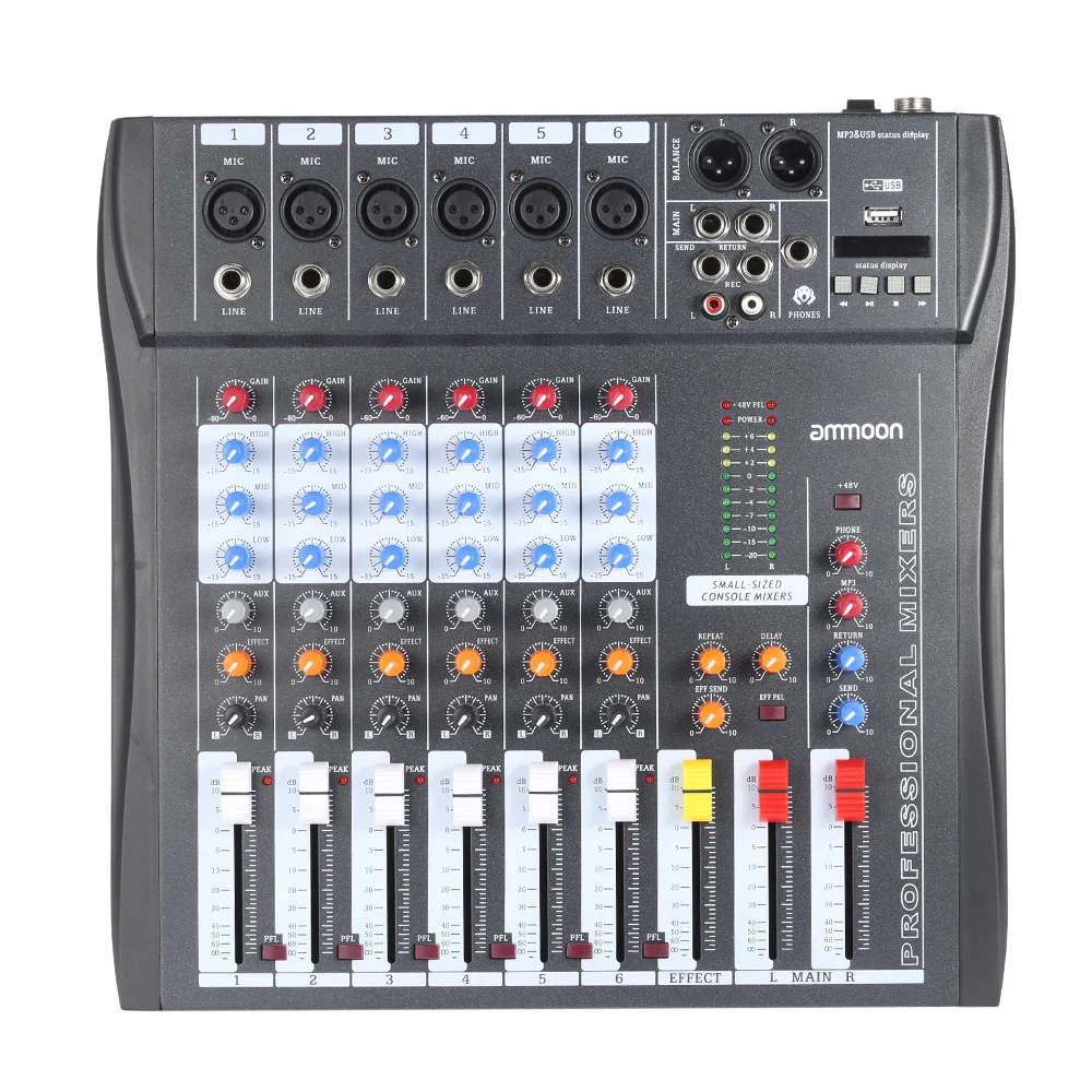 Микшерная консоль ammoon 60 USB 6 каналов микрофон аудио микшер 3 полосный EQ XLR вход 48 В