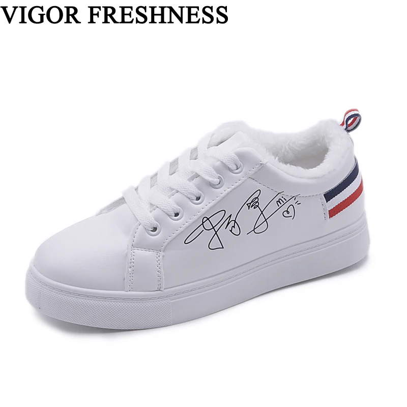 

VIGOR FRESHNESS Woman White Sneakers Fur Women Shoes Warm Winter Sneakers Vulcanized Shoes Ladies Autumn Tennis Shoes WY143