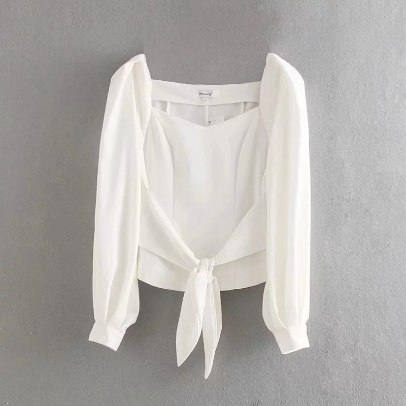 

Women Bowknot Decoration Bishop Sleeve White Shirt Leisure Female Square Collar Blouse 2019 Summer Lady Loose Tops S6013