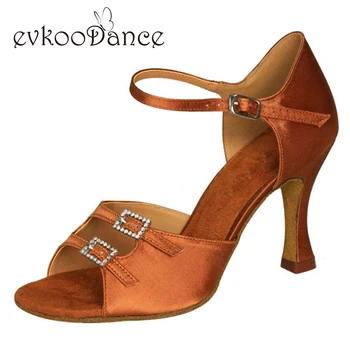 

Shoes latin dance Dark Tan Satin with crystal buckle Leather sole Meduim 5/6/7/8 heel latin shoes girls 36 size NL031