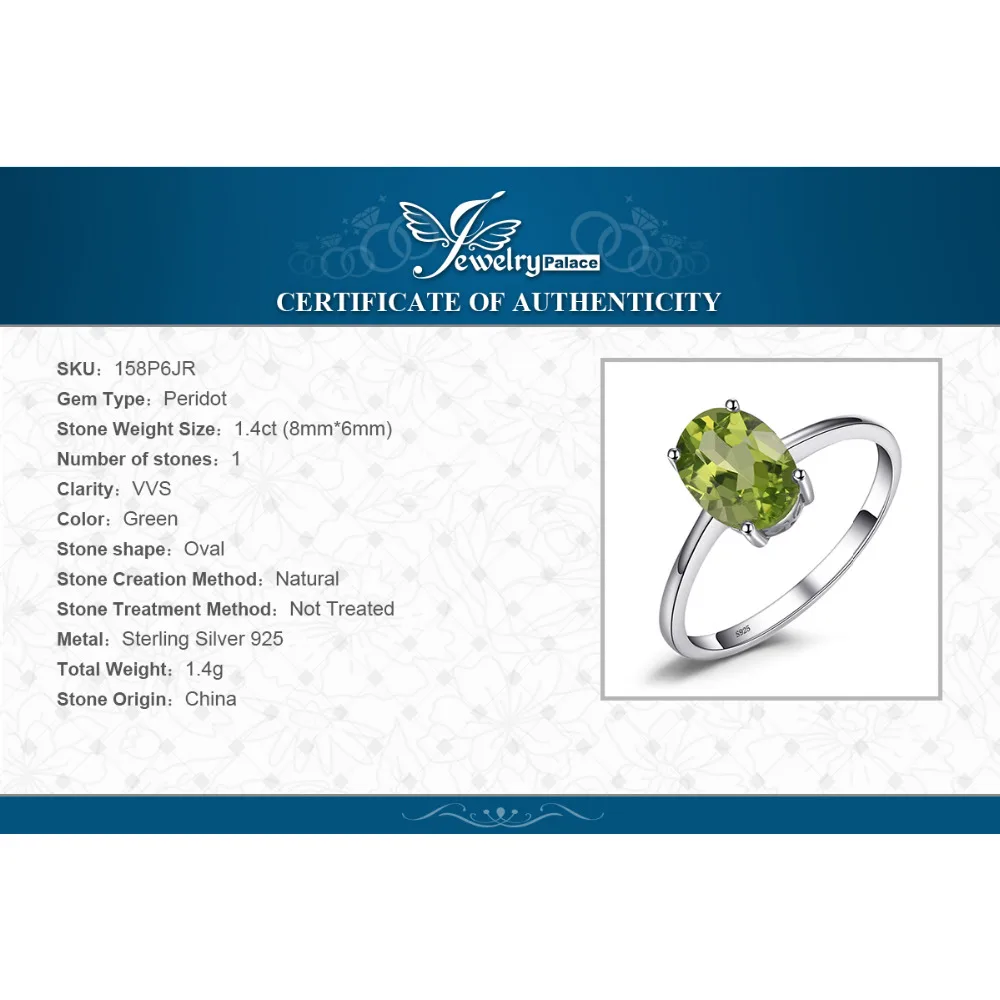 Jewelrypalace Овальный 1.4ct Натуральный Зеленый Перидот Камень пасьянс кольцо из натуральной 925 серебро Для женщин Обручение ювелирные изделия