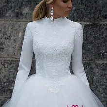 Vestido de novia musulmán de manga larga de cuello alto 2019 diseño trasero cremallera Vintage Puro Blanco A-line princesa w0532