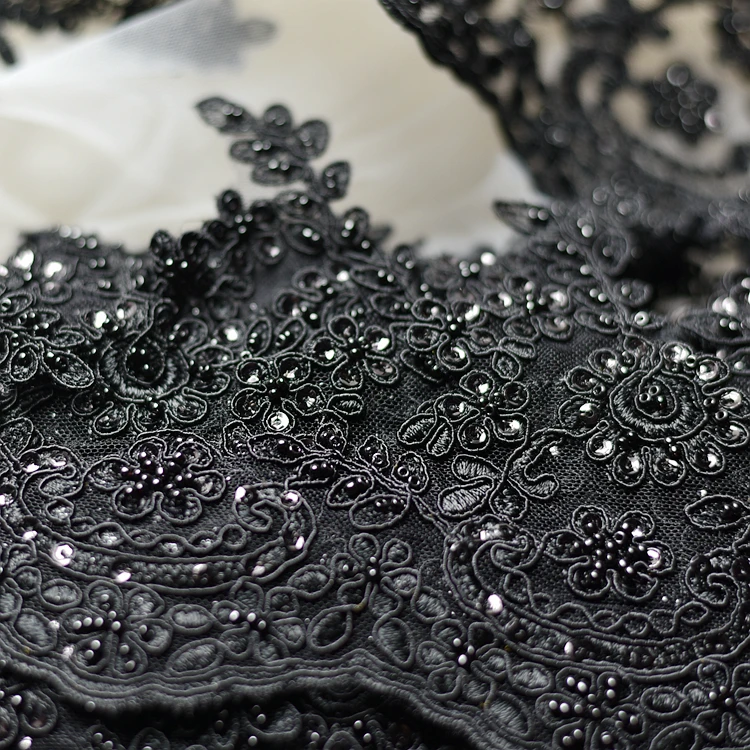 

5yards/lot High Quality Black Beading Sequins Lace Trim Embroidered Border Lace Trimming Sewing For Women Wedding Dresses