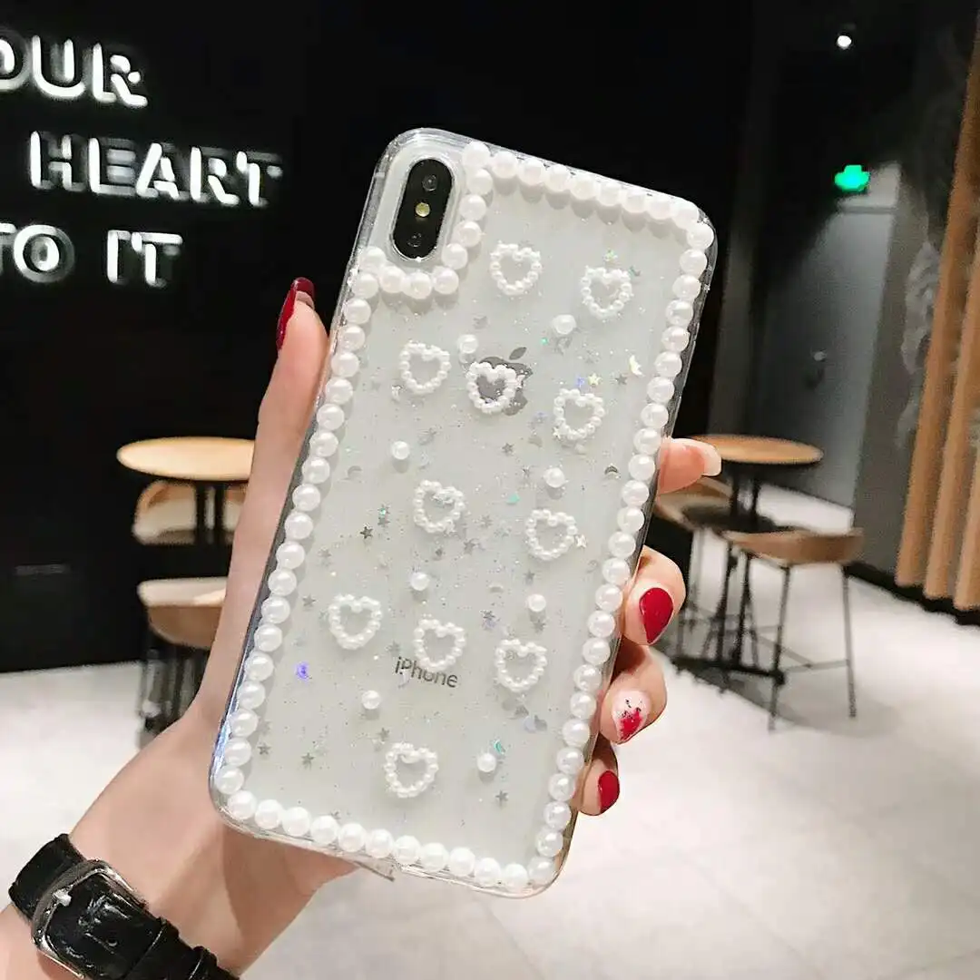

Luxury Solid Love Heart Pearl Phone Case for Iphone X Xs Max Transparent Glitter Tpu Case for Iphone 6s 7 8plus Xr Back Cover