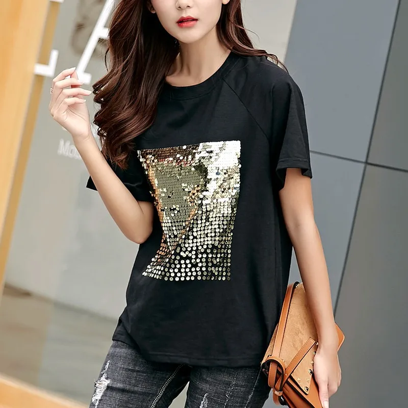

Black women's sequin loose cotton t-shirts female short-sleeved sequined tshirt 2019 summer new plus size xxl tops tee