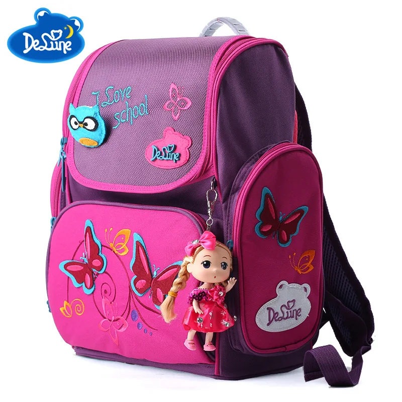 Delune Children High Quality Butterfly School Bags Boys Girls Students Kids Travel Orthopedic Satchel School Backpack Bags
