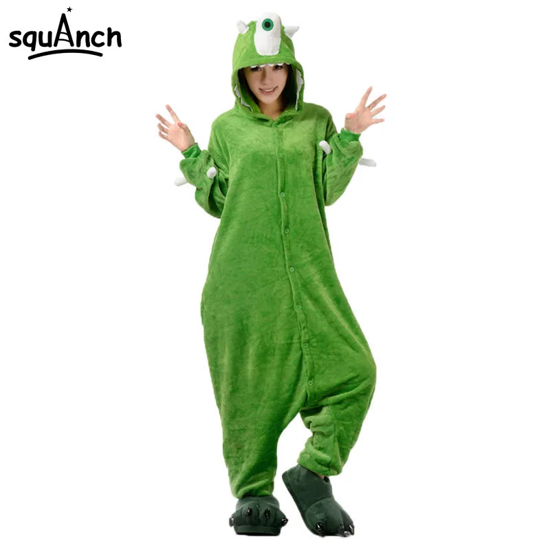 

Adult Animal Pajama Mike Cartoon Onesie Funny Party Suit Women Men Winter Sleep Jumpsuit Flannel Green One Eye Monster Costume