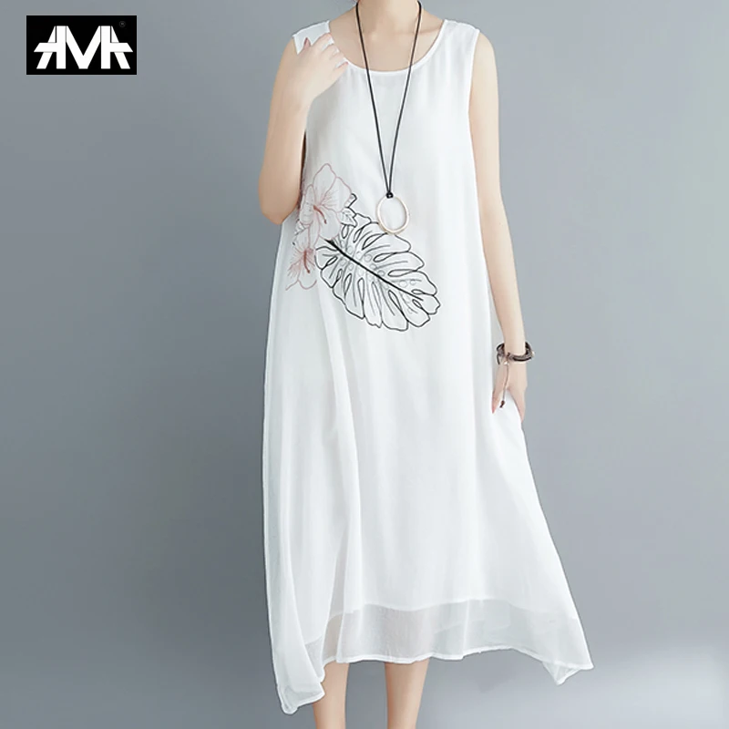 

2019 NEW Simple Women's dress Loose Cotton and linen Plus size Floral Dress Summer Beach Elegant white Woman Sundress