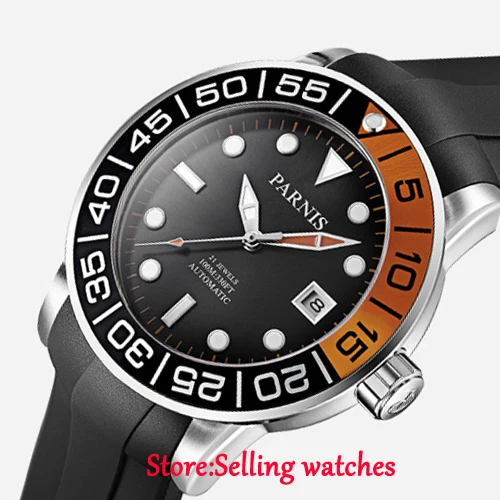

42mm Parnis black dial Sapphire glass date window Miyota automatic mens watch