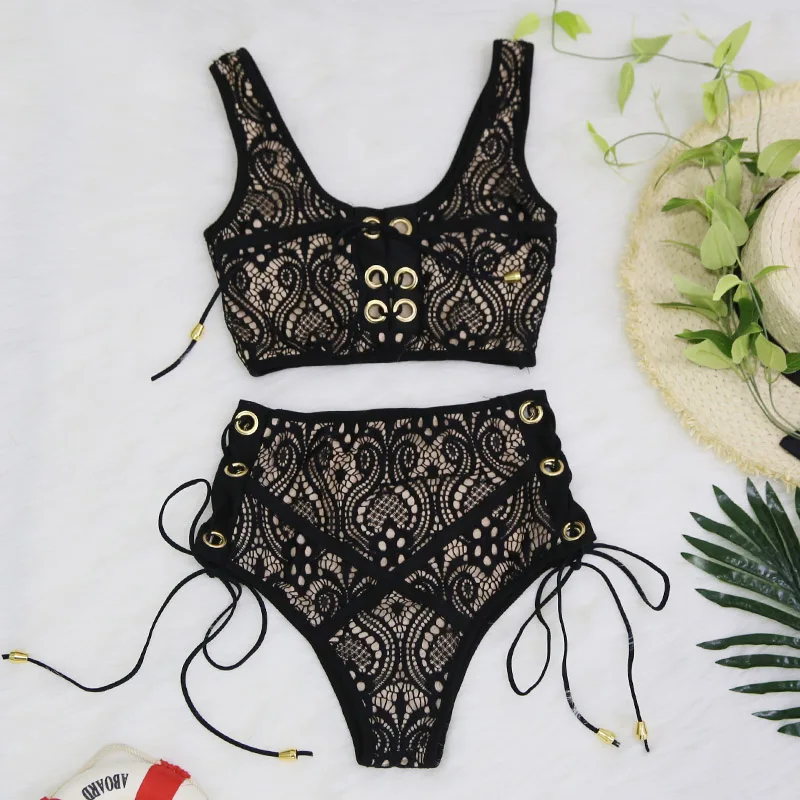 Günstige Hohe Taille Badeanzug Spitze Bikini Set 2018 Sexy Solide Bikinis Push Up Bademode frauen Badeanzug Schwimmen Schwarz Weiß schwimmen anzug