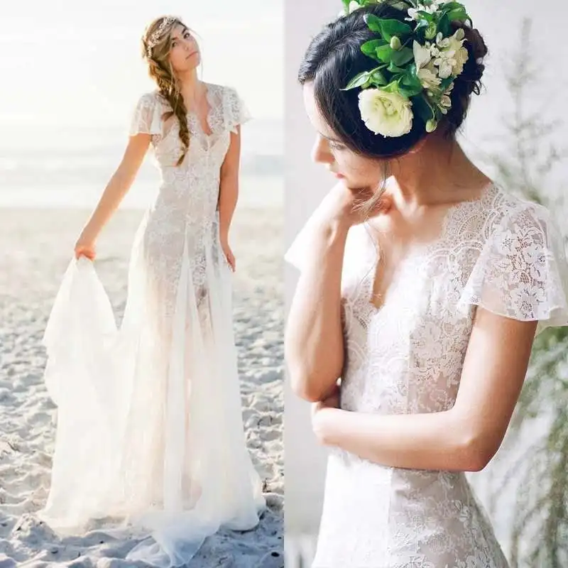 

2019 Bohemia Lace Beach Wedding Dress Sexy V neck Short Sleeve Backlees Boho Bridal Gowns Romantic Chiffon Vestido De Noiva