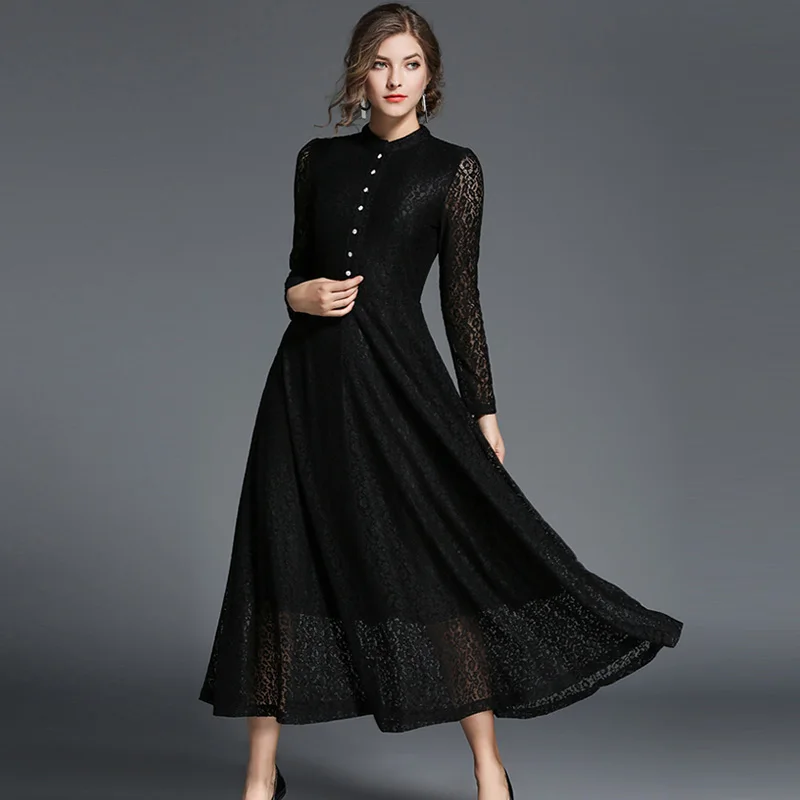 ShejoinSheenjoy Autumn Stand Hollow Lace Long Sleeve Dress Women Winter Red Buttons A-Line Party Dresses Black Women Long Dress (21)