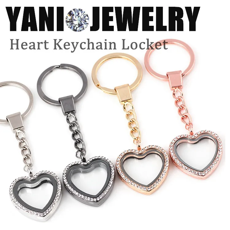 

10pcs/lot Newest Heart Floating Locket Keychains with Rhinestones Key Ring Living Memory Glass Locket
