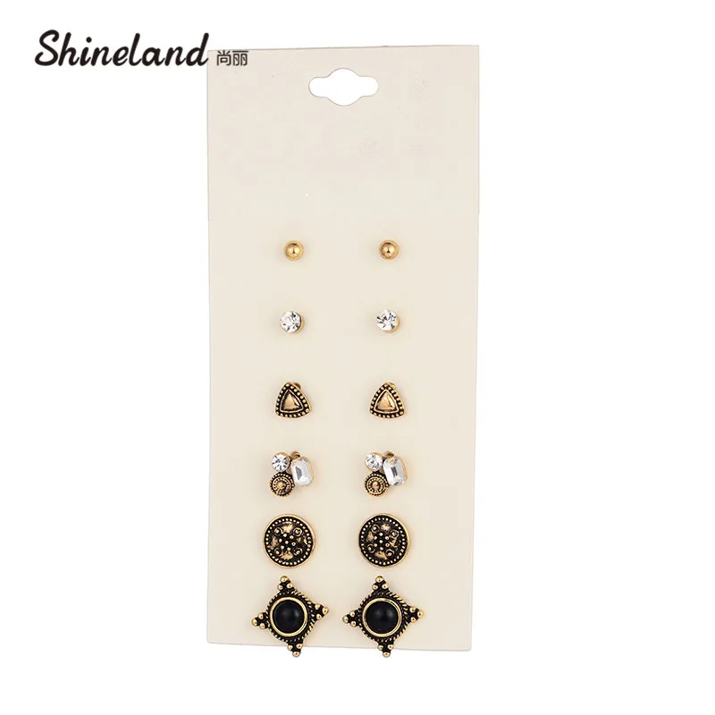 

Shineland Vintage Cute Style 6 Pairs Alloy Black Resin Rhinestone Round Triangle Stud Earring Set for Unisex Accessories Brincos